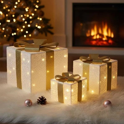 TAYLOR & BROWN 3x Christmas Gift Boxes Decoration LED Light Up Presents Parcels Xmas Decor Home