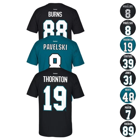 San Jose Sharks NHL Reebok Player Name & Number Premier Jersey T-Shirt Men's Cover