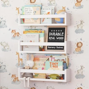 NATURE SUPPLIES Set 3 Mensole da Parete Legno Massello Bianco Camera Bambini - Foto 1 di 7