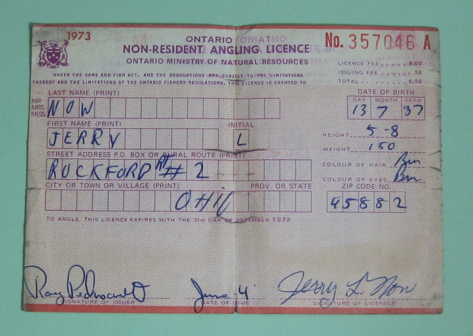 1973 Ontario Canada Non Resident Angling Fishing License Permit - Image 1 of 1