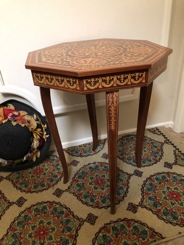 Vintage Octagon Italy Inlaid Sewing Side Accent Table Music Box! Boho decor too! Cover