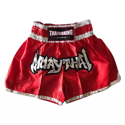 Muay Thai Shorts Fight Boxing MMA Gear Martial Arts Satin Fabric Silver Border - Image 1 of 4