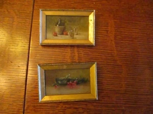 3 5/8" x 2 1/2" antikes Paar Miniatur-Ölgemälde für Puppenhaus - Bild 1 von 4