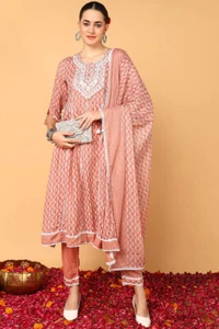 Mauve Viscose Rayon Ethnic Motifs Printed Flared Kurta Trouser Dupatta VKSKD214 - Picture 1 of 7