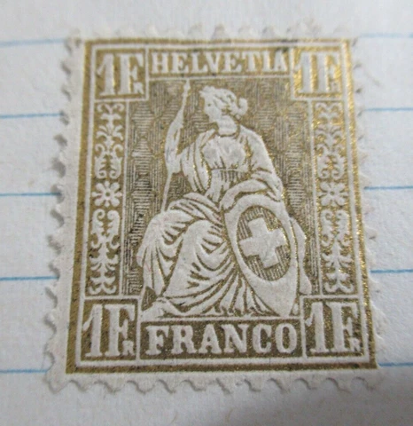 1862-63 Old Antique Stamp, SWITZERLAND, SC#49, 1 Frank, Unused, Gold Color Cover