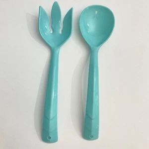 Vtg Spoon Fork Salad Serving Set Blue Green Turquoise Aqua Plastic Utinsel - Picture 1 of 15