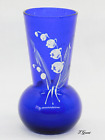 Bohemian Cobalt Blue Glass Vase Hand Painted Lily of the Valley Flowers