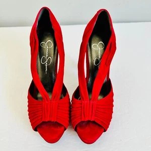 JESSICA SIMPSON RED SUEDE SLIP ON PEEP TOE HIGH HEELS STILETTO 6.5B - Picture 1 of 7