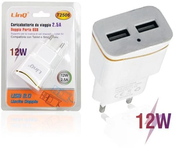 Caricabatteria Alimentatore Adattatore 2 Porte Usb 2.5A 12W linq t-2506 - Immagine 1 di 1