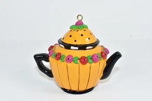 MARY ENGELBREIT TEAPOT ORNAMENT MUSTARD WITH BLACK TRIM CIRCLE OF CHERRIES - Picture 1 of 5
