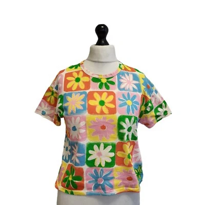 Zara Floral T-Shirt Top Flower Print Womens Short Sleeve Brights 60s UK S EU 36 - Image 1 of 4