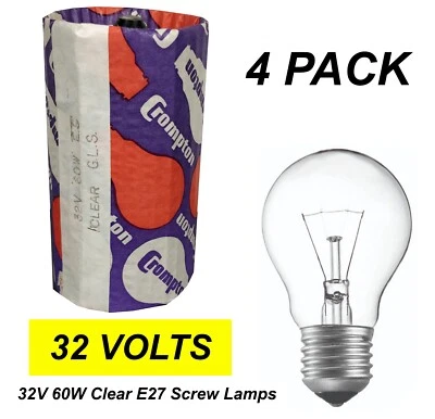 4 x Low Voltage GLS Light Globes Bulbs Lamps 32V 60W Clear E27 Screw A60 - Image 1 of 4