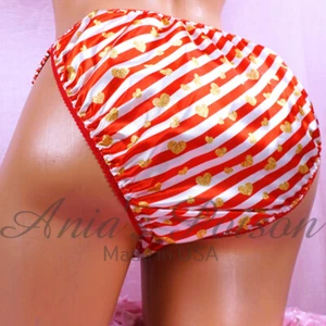 VALENTINE'S Sissy Satin Panties for MEN Red Hearts Stripes shiny String Bikini - Picture 1 of 5