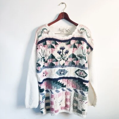 Suéter Geométrico Floral Abuela Colorido Tejido a Mano Vintage Grueso Cottagecore M Foto 1 de 4