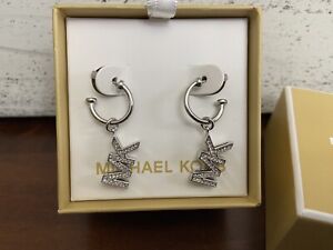 NWT MICHAEL KORS MK Logo Silver Plated Brass Pavé CZ Crystal Drop Earrings-$100