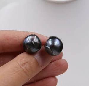 14.5 mm black southsea reborn keshi pearls earrings - Picture 1 of 3