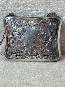 Antique R Blackinton Sterling Silver Etched Dance Change Purse w/ Chain 3.8oz - Picture 1 of 9