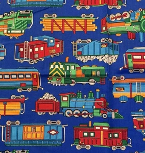 VIP Cranston Print Works Fabric Trains Blue Background Cotton 39 x 45” - Picture 1 of 3