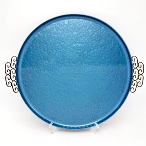 Vintage Moire Glasur Kyes Blau Servierplatte Tablett mit Griffen 12,75" Rund MCM - Bild 1 von 8