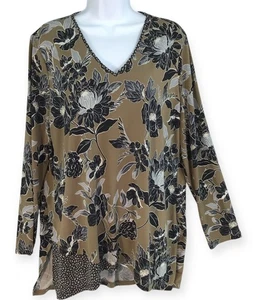 Susan Graver Tunic Top Women's Large Liquid Knit  Black Tan Hi Low Long Sleeve - Picture 1 of 15