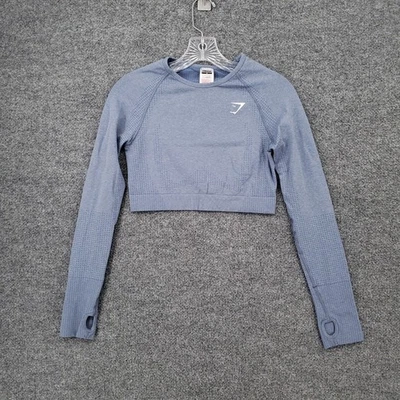 Gymshark Top 女式 M 中号蓝色 Vital 无痕 2.0 长袖裁剪弹力 — 第 1/4 张图片