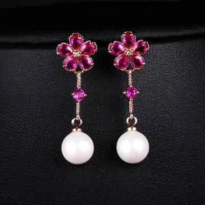 925 Sterling Silver 3x4.2mm Ruby Pearl 1.4'' Earrings Gemstone Rose Gold Plated - Image 1 of 2