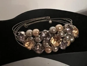 Silver Tone 4-Strand Wire Bracelet with Gray & Peach Rhinestones and Faux Pearls - Picture 1 of 7
