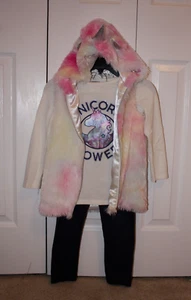 Forever Me Girls Unicorn 3 Piece Outfit Shirt, Faux Fur Vest, Leggings Size 6X - Picture 1 of 16