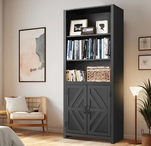 5-Tier Farmhouse Bookshelf w/Cabinet Doors, Adjustable 71" Bookcase Home Office - Picture 1 of 7