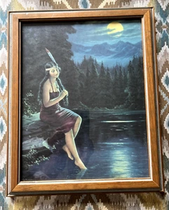VINTAGE FRAMED NATIVE AMERICAN WOMAN w/ TOES IN THE WATER PRINT by L. GODDARD - Picture 1 of 9