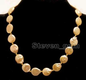 14-15mm Coin Round Natural Freshwater Pink Pearl Necklace for Women Chokers 17" - Picture 1 of 9