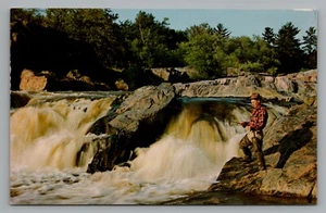 Man Fishing Near Falls Expecting Some Action Postcard Thomas Peters Lakes Photo - Picture 1 of 2
