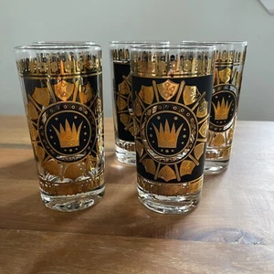Five Vintage MCM Regalia Crown Shield 5.5" Highball Glasses Metallic Gold Black - Picture 1 of 7