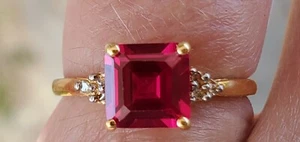 Ruby Created Princess Cut & Diamond Ring 10kt Solid Yellow Gold - Picture 1 of 12