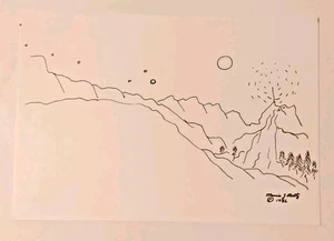 Hand drawn illustration depicting mountainous landscape, river, trees, 862 - Picture 1 of 4