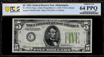 1934 $5 Federal Reserve Note Philadelphia Light Green Seal FR.1955-C PCGS 64 PPQ - Image 1 of 2