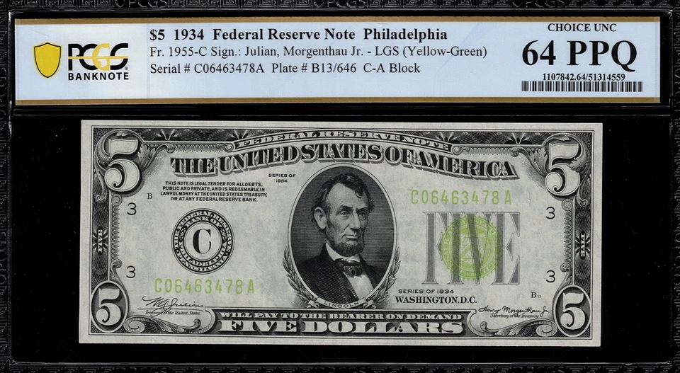 1934 $5 Federal Reserve Note Philadelphia Light Green Seal FR.1955-C PCGS 64 PPQ - Image 1 of 2
