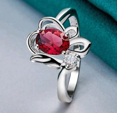 Silver Plated Copper Flower Ring with Oval Ruby Red Rhinestone Size 9 - Image 1 of 3