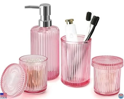 Pink Bathroom Accessories Set, 4 Pcs Glass Decor, Soap Dispenser & Holder - Image 1 of 4