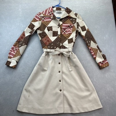 Vestido Melissa Lane Bronceado Patchwork Una Pieza Botón De Colección Años 70 Hippie Boho S/M Foto 1 de 4