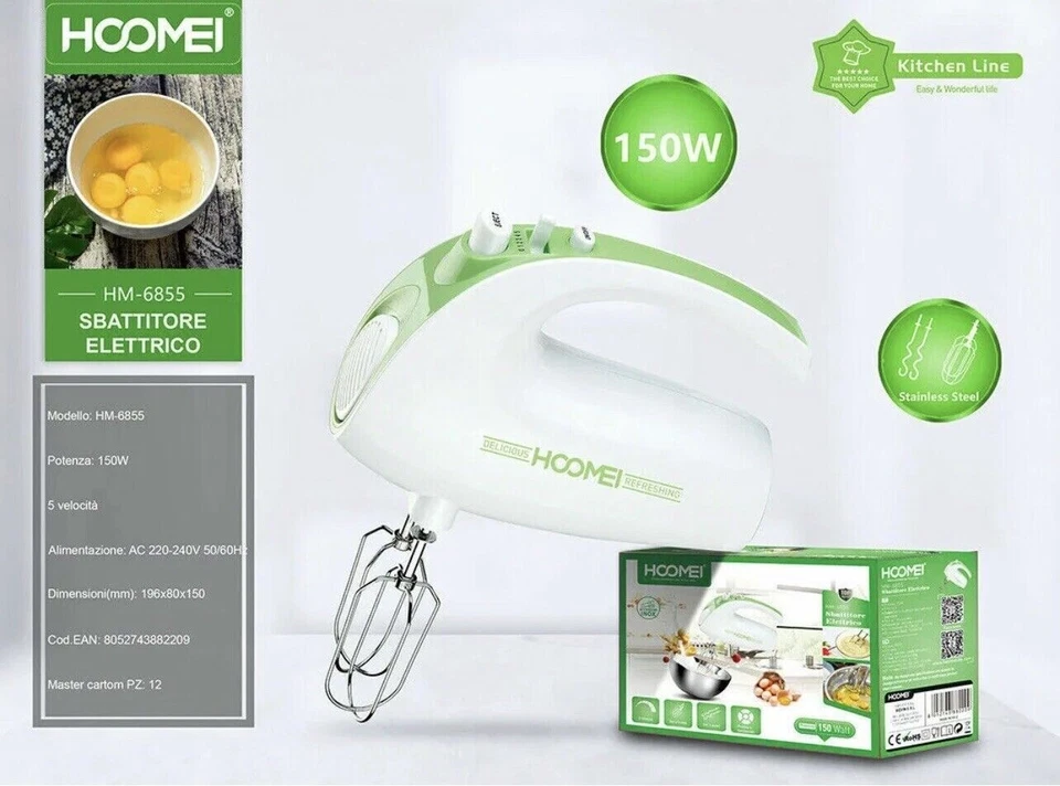 Sbattitore Elettrico Fruste 5 Velocita' Frullatore Impasta 150 Watt Hoomei Mixer - Immagine 1 di 1
