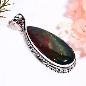 Bloodstone Gemstone Vintage Handmade 925 Silver Plated Pendant 2.5" GSR-6419 - Picture 1 of 2
