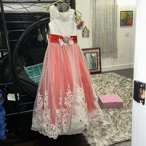 Floor length white red dress pageant Christmas custom added gems bows size 8–9 - Picture 1 of 3