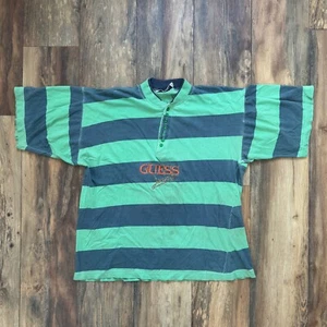 Camiseta Jeans Vintage Años 90 GUESS Verde Rayas Logo - Imagen 1 de 13