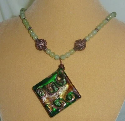 Collar Jade 16" con Murano Verde Marrón Cristal Colgante Hecho a Mano Joyería Nuevo N181 Foto 1 de 4