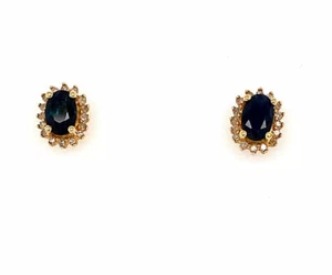 PENDIENTES DE POSTE DE ZAFIRO OVALADOS DE ORO AMARILLO 14K 1,53 CTW DIAMANTE - Imagen 1 de 2