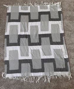 WEST ELM White Light Gray Dark Gray Fringed Throw Blanket 44" x 56" *Neutral* - Picture 1 of 4