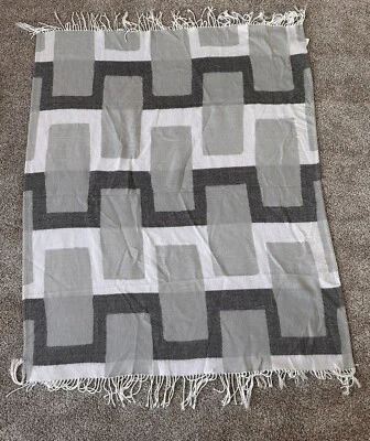 WEST ELM White Light Gray Dark Gray Fringed Throw Blanket 44" x 56" *Neutral* - Image 1 of 4