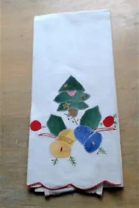 tovagliolo singolo vintage applicato e ricamato a mano albero di natale e campane - Foto 1 di 9
