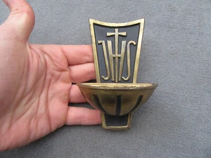 VTG W.GERMANY JHS JESUS HOMINUM SALVATOR BRASS BRONZE HOLY WATER FONT BOWL WALL - Picture 1 of 6